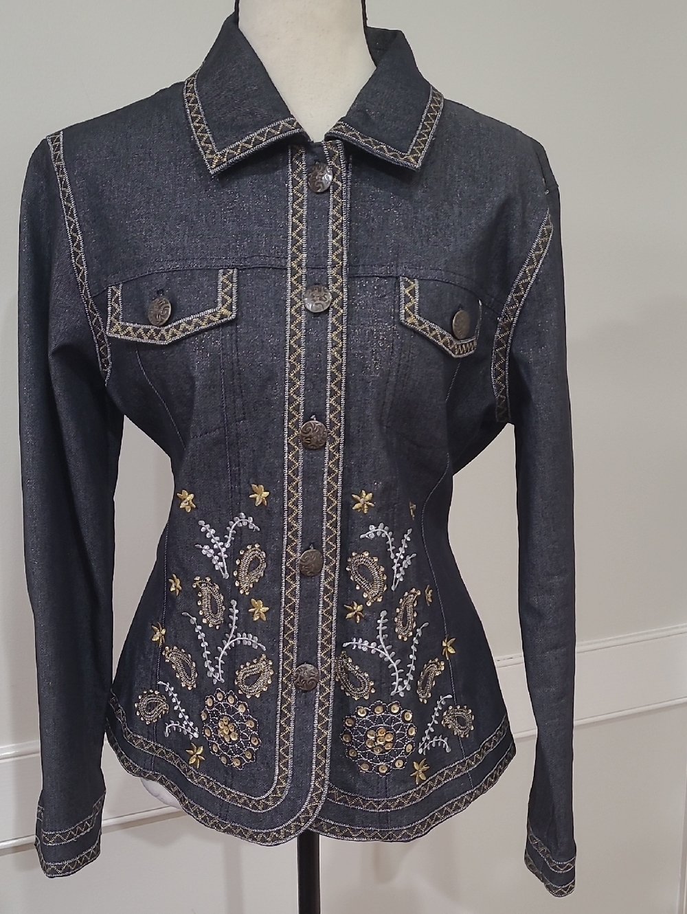 Analogy Embroidered Dark Gray Denim Jacket with Gold & White Accents - Size L